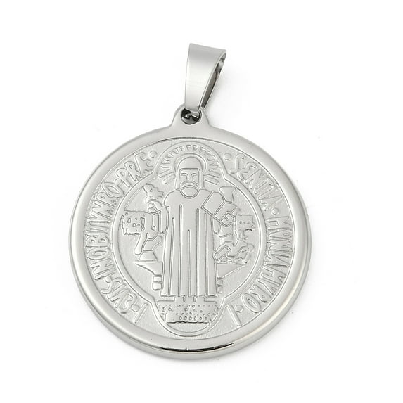 10pcs 304 Stainless Steel Pendants Flat Round with Saint Benedict Medal Stainless Steel color 27.5x25x3mm Hole: 8x4.5mm