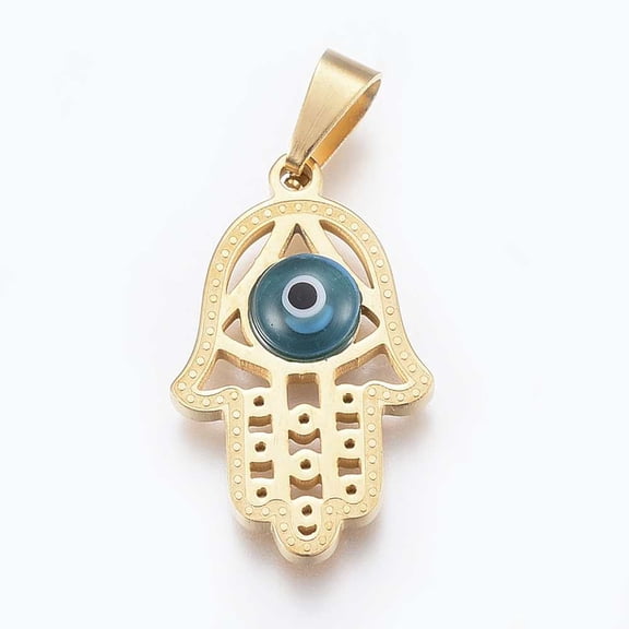 10pcs 304 Stainless Steel Pendants with Glass Hamsa Hand/Hand of Miriam Golden 24.5x15x4mm Hole: 7x3mm