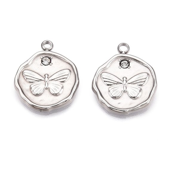10pcs 304 Stainless Steel Pendants with Rhinestone Flat Round with Butterfly Stainless Steel color 15x12.5x2mm Hole: 1.4mm