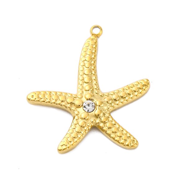 10pcs 304 Stainless Steel Pendants with Rhinestone Ion Plating(IP) golden Starfish 26x23.5x3mm Hole: 1.4mm