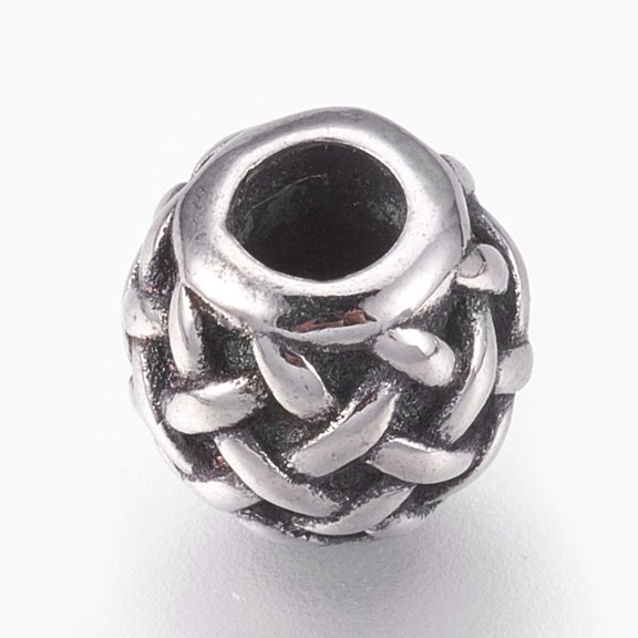 10pcs 316 Surgical Stainless Steel European Beads Large Hole Beads Barrel with Weave Pattern Silver 10x9.5mm Hole: 4mm