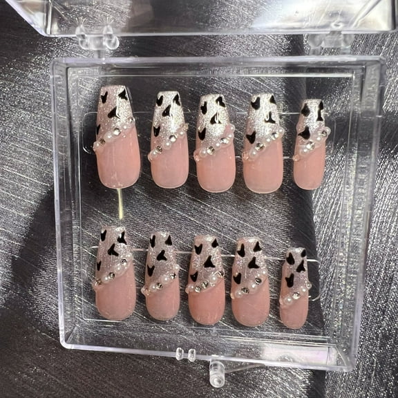 10pcs 3D Leopard Print French Tip Rhinestone Translucent Reusable Glitter Handmade Press On Nails (S)