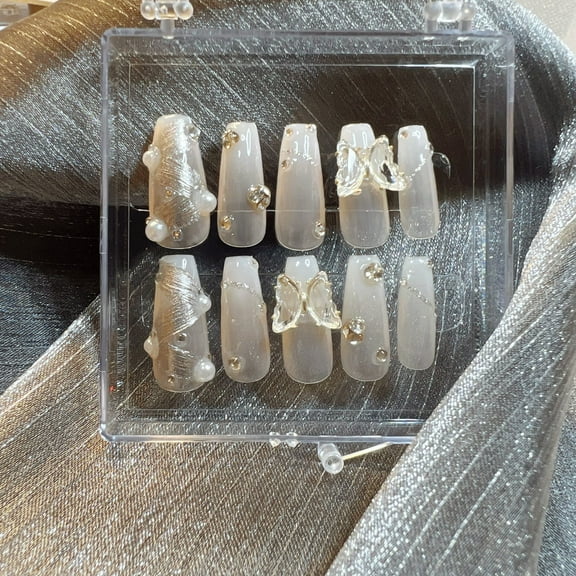 10pcs 3D Nude Butterfly Translucent Wedding Glitter Reusable Handmade Press On Nails (M)