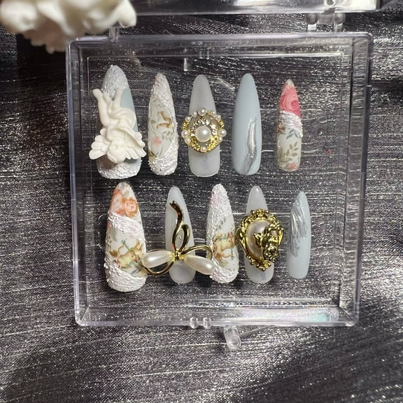 10pcs 3D Sky Blue Angel Plaster Pearl Bow Reusable Glitter Handmade Press On Nails (L)