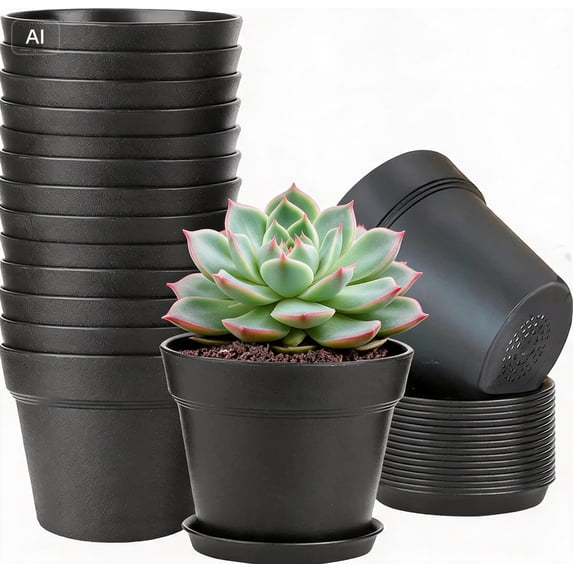 10pcs 4in Black Plant Pots with Drainage, Lightweight Stackable Plastic Planters with Saucers, Minimalist Flower Pots for Indoor Plants, Succulents, and Office Décor