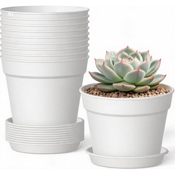 10pcs 4in Plant Pots with Drainage and Saucers, Sturdy White Flower Pots for Indoor and Outdoor Plants, Stackable Small Planters for Houseplants and Herbs