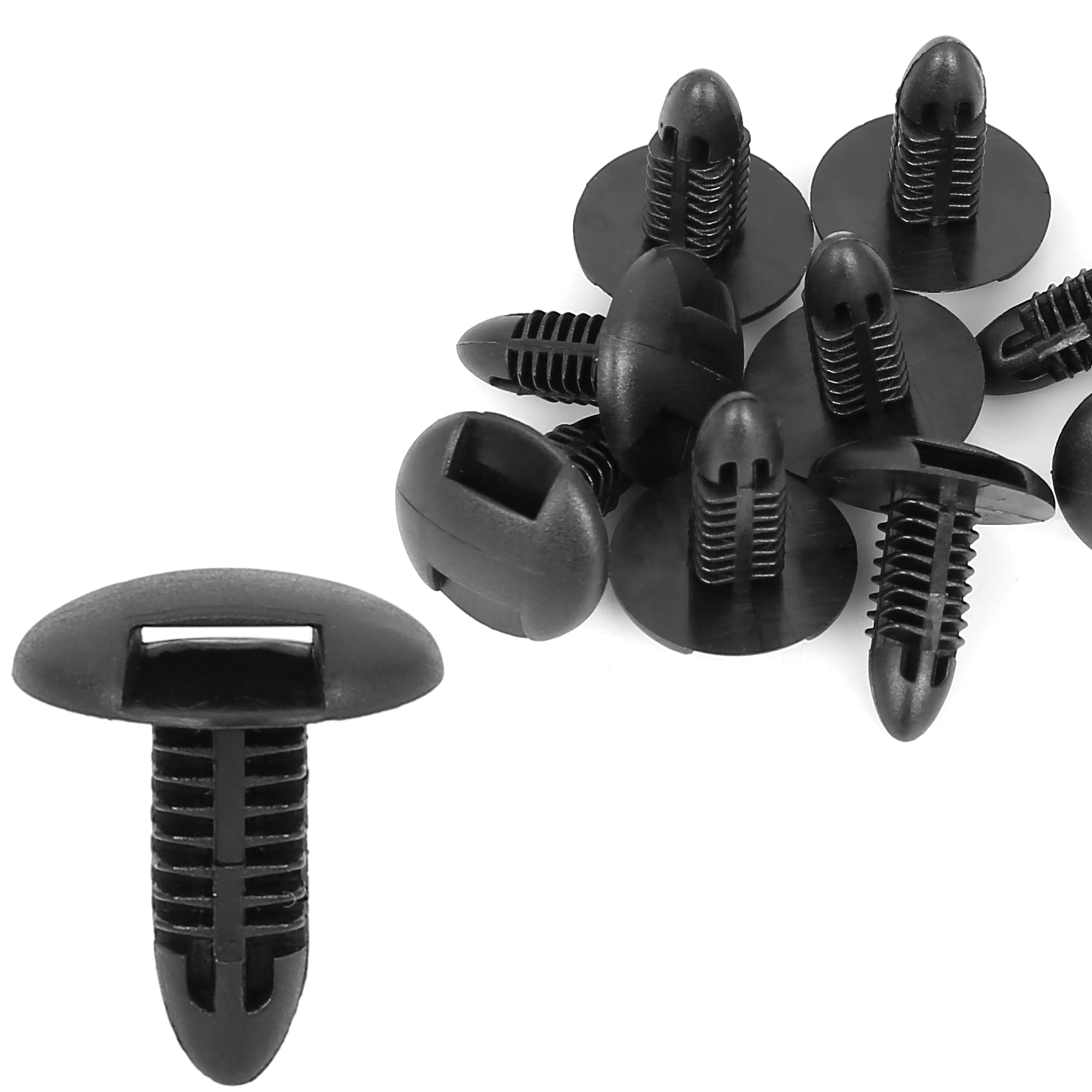 Macro shot plastic black clips for the car. Panel plastic rivets