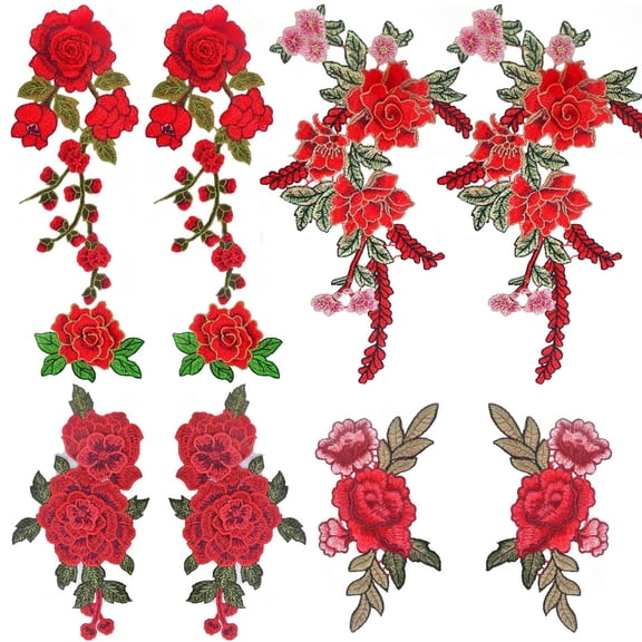 10pcs(5 Pairs) Red Flower Embroidered Sew On Patches Floral Roseflower Embroidery Garment Appliques Embellishments for DIY Jeans Jackets Clothes Sewing Crafts, 5 Styles