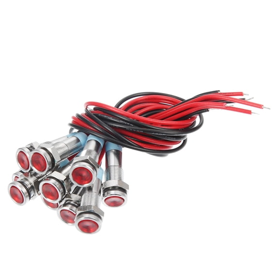 10pcs 6mm 1/4" Car Interior LED Indicator Lights 12-24V Flat Head Signal Lamp with 150mm Cable Red
