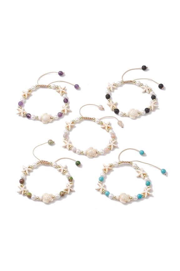 10pcs 6mm Round & Shell Pearl Beaded Bracelets Beach Turtle & Starfish Turquoise Adjustable Bracelets for Women Men Mixed color Inner Diameter: 2-7/8~4-1/8 inch(7.3~10.6cm) Bead: 6mm