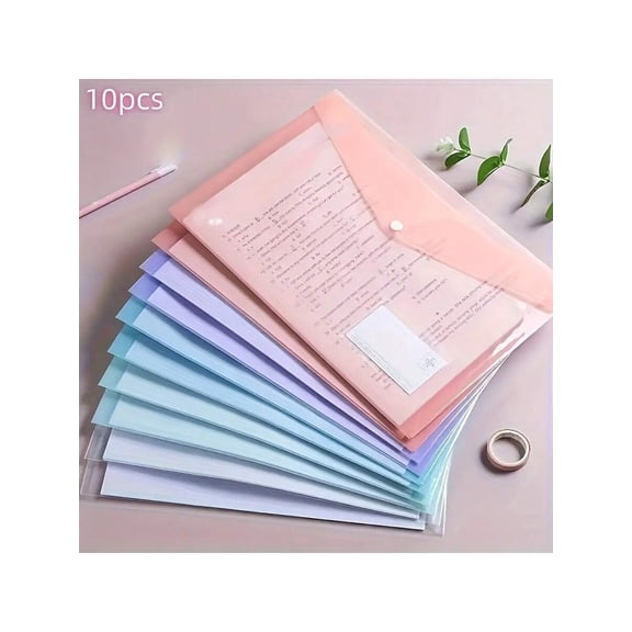 10pcs A4 Plastic File Bags, Thickened Transparent with Snap Closure, Waterproof PP Material, Macaron Colors, Document Storage Pouches for Students