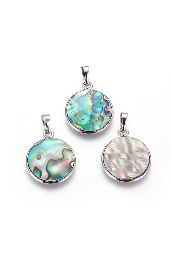 10pcs Abalone Shell/Paua Shell Pendants with Brass Findings Flat Round 26x21.5x4~4.5mm Hole: 4.5x6.5mm