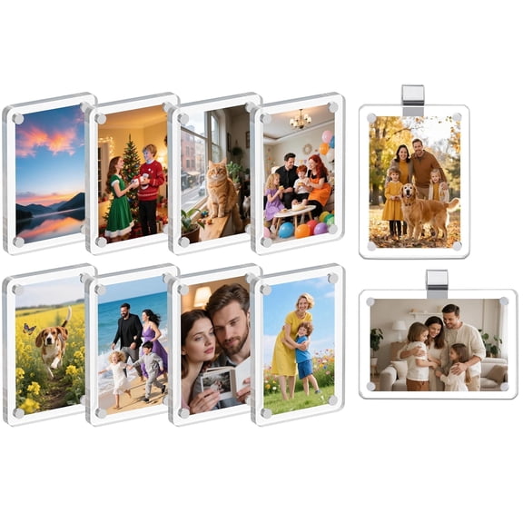 JinBeiXi 10pcs Acrylic Magnetic Photo Frames, 2.36x3.54 inch Double Sided Fridge Magnets for Instax Mini/Polaroid, 2 Clips for Car Sun Visor