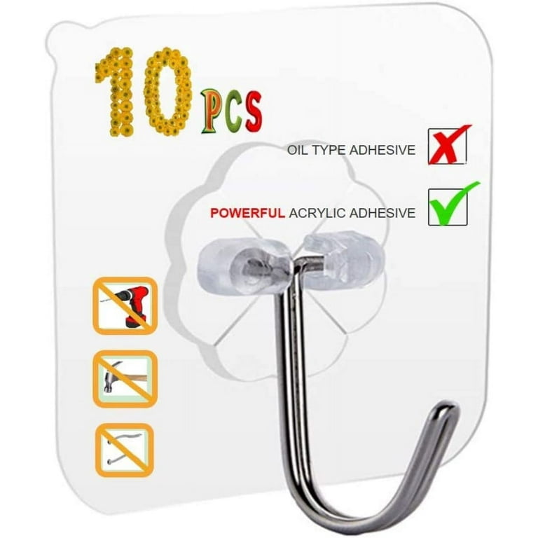 10pcs Adhesive Hooks Heavy Duty, 8lbs, Sticky Wall Hooks for Hanging, No  Damage, Removable, Self Stick on Wall Hangers Without Nails, Clear Kitchen