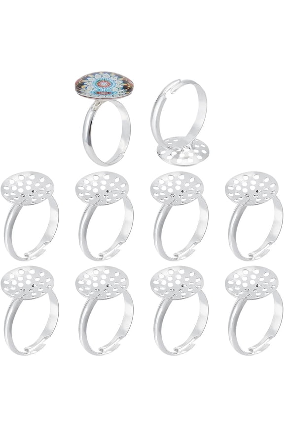 10pcs Adjustable Ring Blanks Blank Ring Silver Bezel Tray Ring Jewelry Finding Rings Ring Base Pad with 14mm Glass Cabochons for DIY Ring Jewelry MakingWedding Birthday Gift