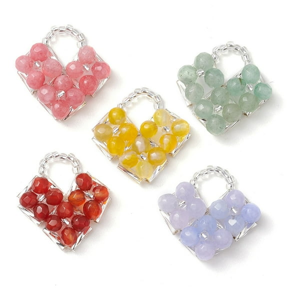 10pcs Agate/Dyed White /Green Aventurine Pendants Heart with Handmade Loom Pattern Seed Beads Mixed color 22x21.5x6mm Hole: 7.5x7mm