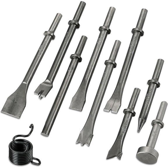 10pcs Air Hammer Chisel Set, 0.401" Pneumatic Hammer Bits with Spring | Air Punch Chipping Chisel Attachments, High Carbon Steel, Pneumatic Chisel Tool Rivet Removal & Automotive Repairs