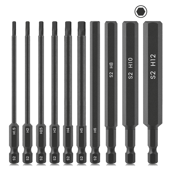 10Pcs Allen Wrench Drill Bit Set, 1/4" Metric Hex Screwdriver Set(1.5mm-12mm), Magnetic Allen Key Drill Bit Set, Allen Socket Set for Furniture, 4"(100mm) long
