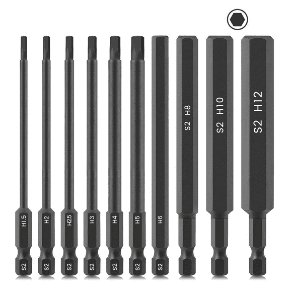 10Pcs Allen Wrench Drill Bit Set, 1/4" Metric Hex Screwdriver Set(1.5mm-12mm), Magnetic Allen Key Drill Bit Set, Allen Socket Set for Furniture, 4"(100mm) long