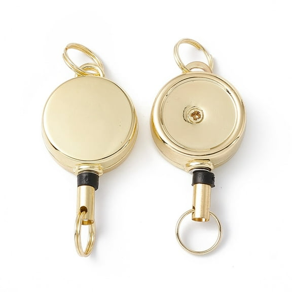 10pcs Alloy Badge Reels Retractable Badge Holder with Split Ring Flat Round Light golden 52~370x21x9.5mm