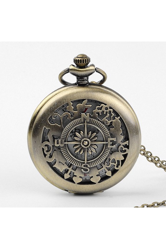 10pcs Alloy Compass Shape Pocket Watches Quartz Watch with Iron Chain Bronze 31.4 inch
