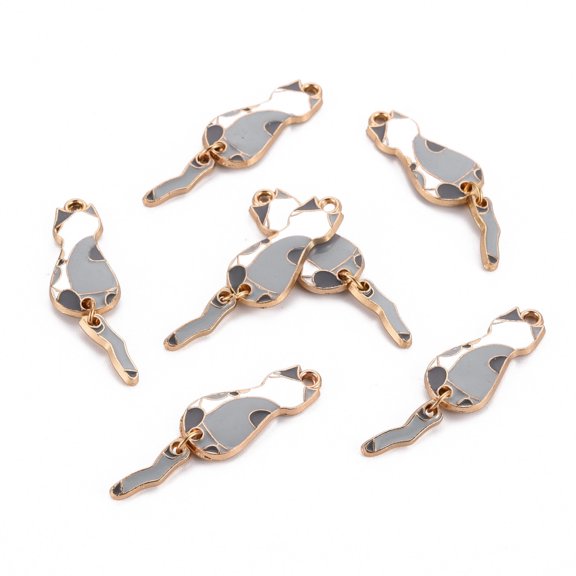 10pcs Alloy Enamel Pendants Cadmium Free & Lead Free & Nickel Free Light golden Cat Light Grey 35x10x1.5mm Hole: 1.6mm