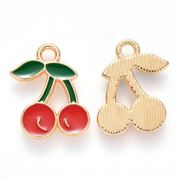 10pcs Alloy Enamel Pendants Cherry Light golden Red 18x13x2mm Hole: 2mm
