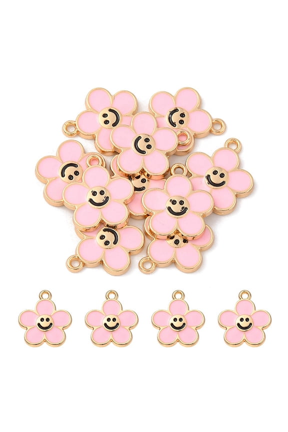 10pcs Alloy Enamel Pendants Golden Flower with Smiling Face Charm Misty Rose 15x14x2mm Hole: 1.4mm