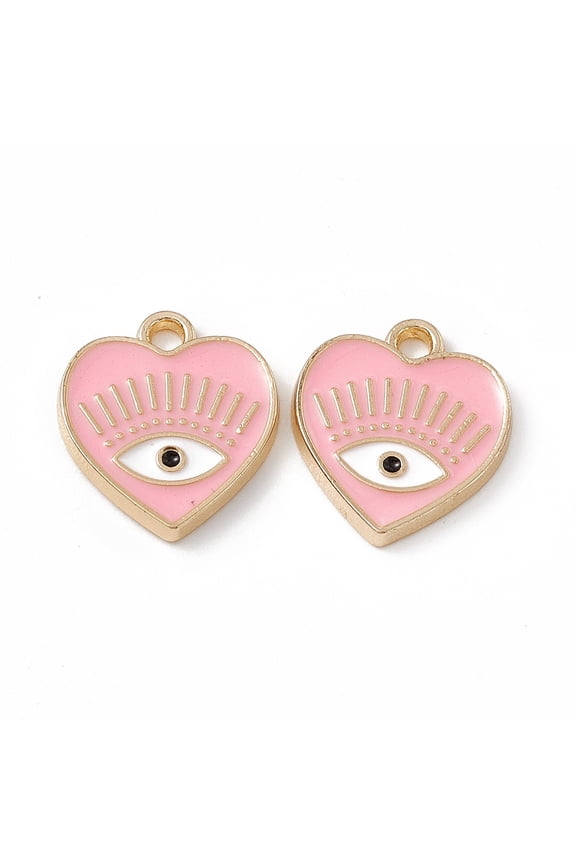 10pcs Alloy Enamel Pendants Golden Heart with Eye Charm Pink 14.5x13x1.5mm Hole: 1.6mm