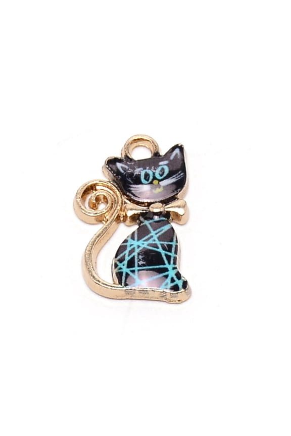10pcs Alloy Enamel Pendants Light golden Cat with Bowknot Black 21x13x2.3mm Hole: 2.3mm