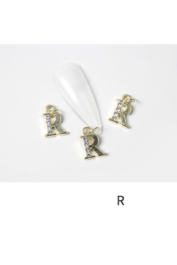 10pcs Alloy Rhinestone Cabochons Nail Art Decoration Accessories with Jump Ring Letter Golden Letter.R 11~14x5~12mm