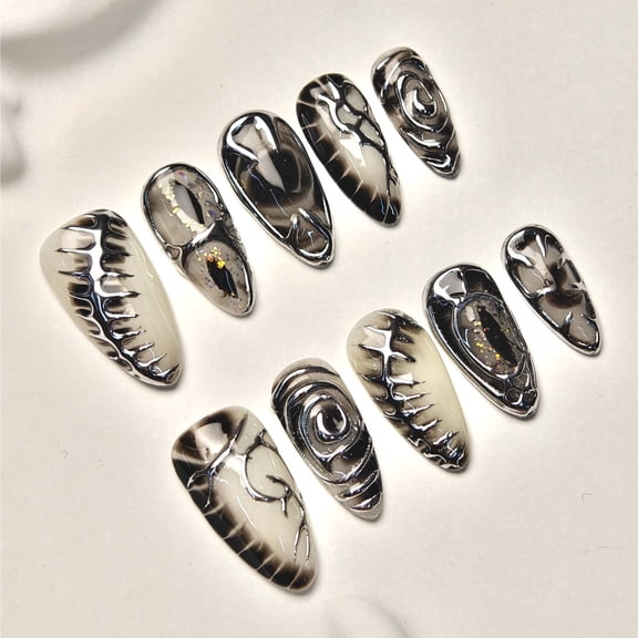10pcs Almond Medium Handmade Press On Nails, Y2K Goth Style, Silvery 3D Liquid Metal Design, Suitable For Summer Party, For Women Girls