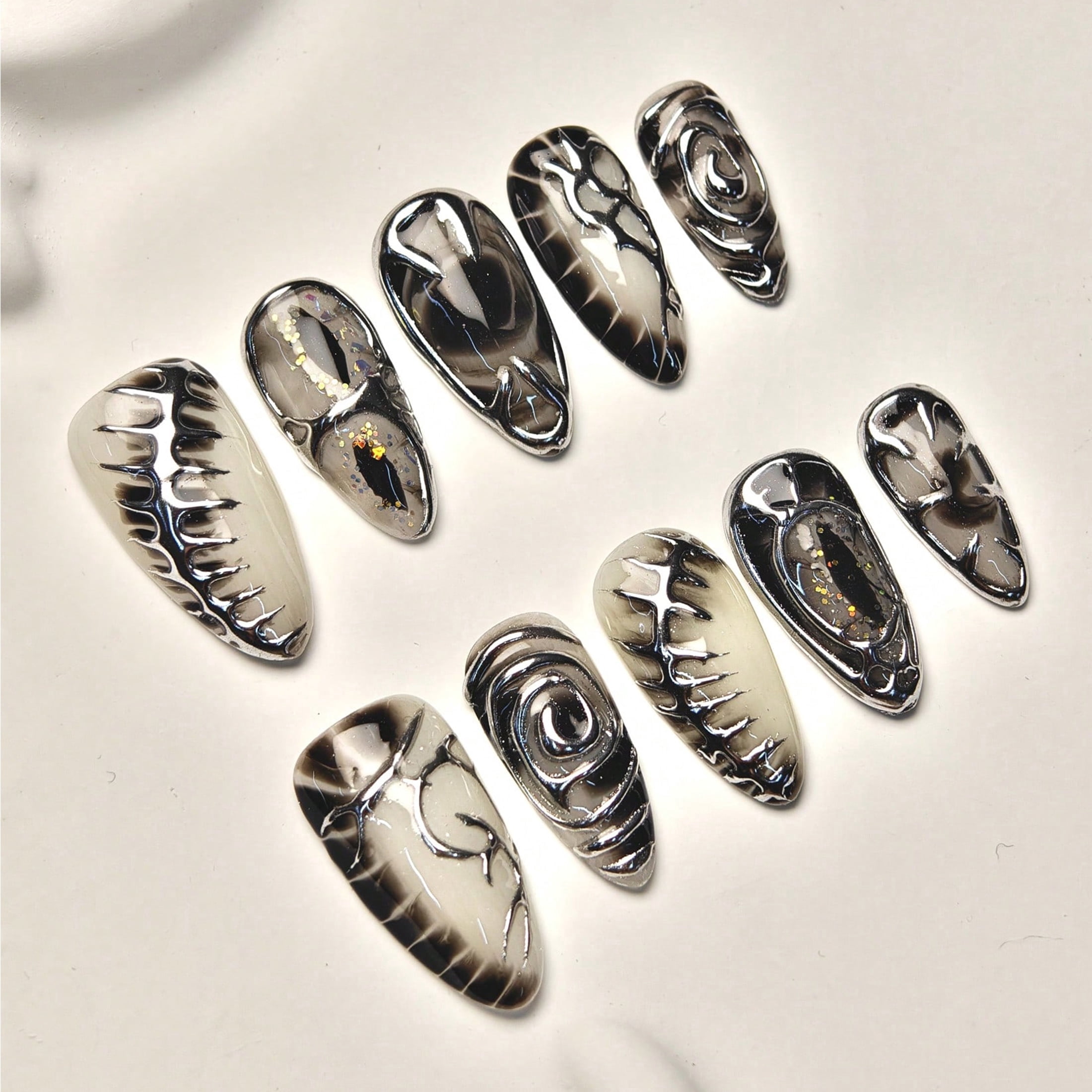 10pcs Almond Medium Handmade Press On Nails, Y2K Goth Style, Silvery 3D Liquid Metal Design, Suitable For Summer Party, For Women Girls
