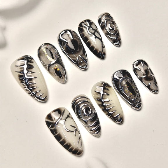 10pcs Almond Medium Handmade Press On Nails, Y2K Goth Style, Silvery 3D Liquid Metal Design, Suitable For Summer Party, For Women Girls