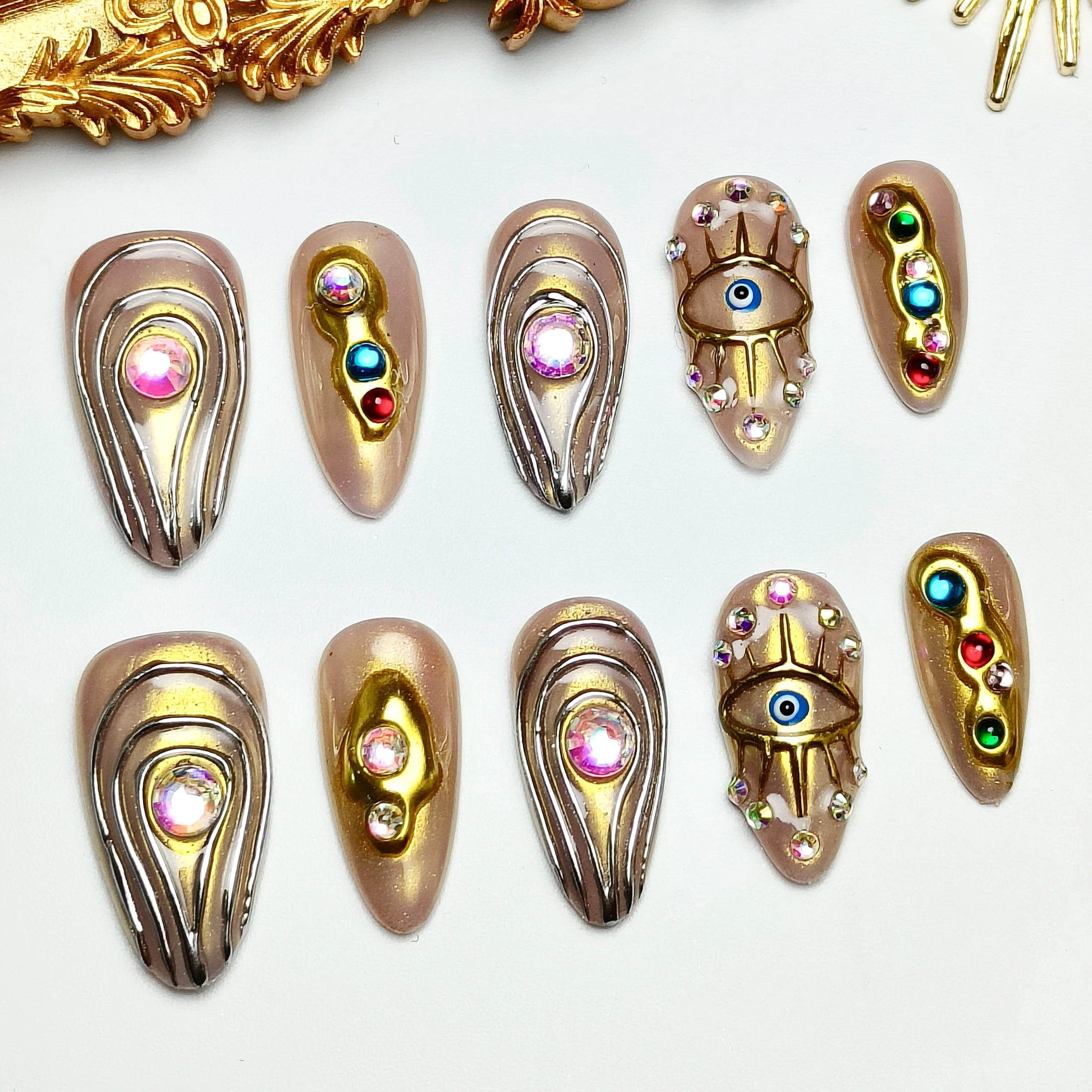 10pcs Almond Medium Handmade Y2K Baroque Press On Nails - Nude Designs, 3D Rhinestones & Gold Accents, Luxury Summer & Independence Day, Goth