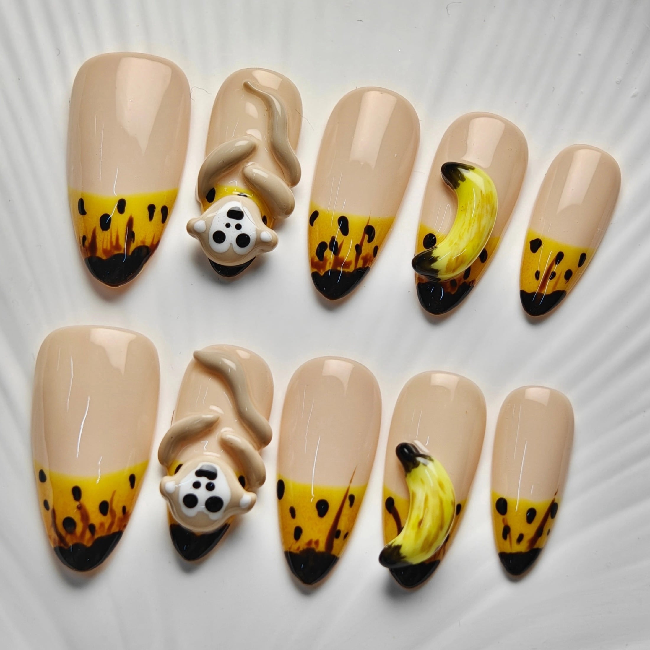 10pcs Almond Medium Handmade Y2K Cute Monkey Nails – Nude Base with Yellow Block & Black Spots, 3D Monkey & Banana Designs, Press On Nails Handmade for Women & Girls