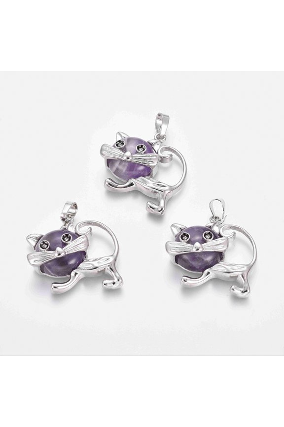 10pcs Amethyst Kitten Pendants with Tone Brass Findings Cartoon Cat Shape 28x30x9mm Hole: 5x7mm