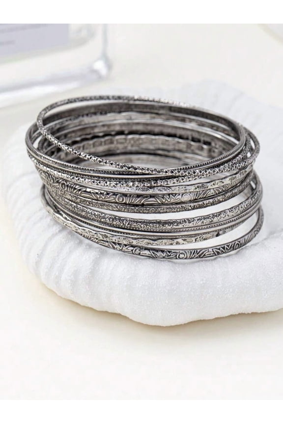 10pcs Antique Silver Alloy Textured Bohemian Bangle Set For Adults
