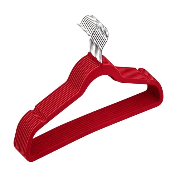 10pcs Antis-skidding Velvet Hangers 0.5cm Thick Space-saving Clothes Hanger for Coat Dress Pants Closets Organization (Red)