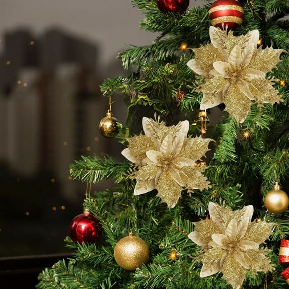 10pcs Artificial Christmas Tree Flower Decoration - Faux Flowers with Clips, Easy to Attach to Christmas Tree, Ideal for Party & Holiday Decor, Colorful Festive Accents, 5.51in/14cm, Gold