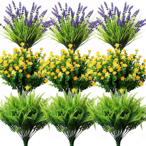 10pcs Artificial Grass Plants Outdoor UV Resistant Bulk Fake Faux Bushes Flowers Mums Outside Faux Plastic Greenery Shrubs Arrangement for Home Garden Backyard Window Box Hanging Basket