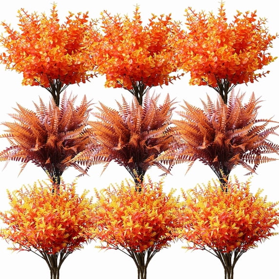 10pcs Artificial Grass Plants Outdoor UV Resistant Bulk Fake Faux Bushes Flowers Mums Outside Faux Plastic Greenery Shrubs Arrangement for Home Garden Backyard Window Box Hanging Basket