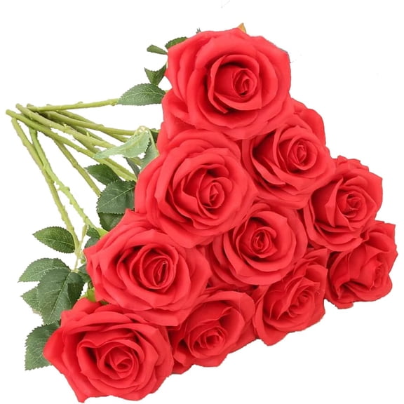 10pcs Artificial Rose Fake Faux Silk Flowers Artificial Roses with Long Stems for Wedding Arrangement, Bridal Bouquet, Centerpiece, Home Decoration (Red)
