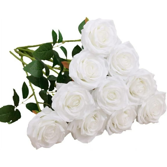 10pcs Artificial Rose Fake Faux Silk Flowers Artificial Roses with Long Stems for Wedding Arrangement, Bridal Bouquet, Centerpiece, Home Decoration (White)
