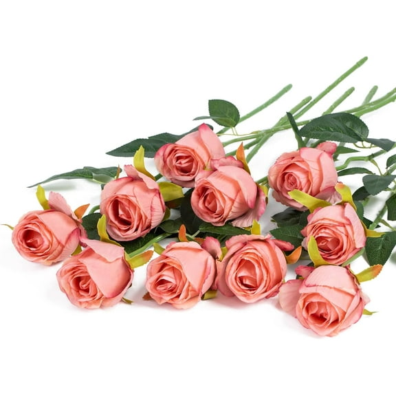 10pcs Artificial Silk Roses Fake Flowers Bouquet Long Stems for Wedding Home Party Decoration(Red)