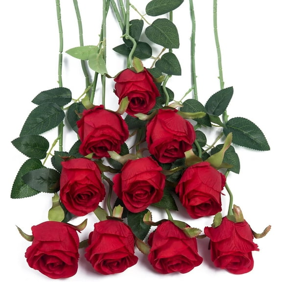 10pcs Artificial Silk Roses Fake Flowers Bouquet Long Stems for Wedding Home Party Decoration(Red)