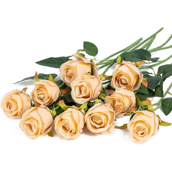 10pcs Artificial Silk Roses Fake Flowers Bouquet Long Stems for Wedding Home Party Decoration(Yellow)