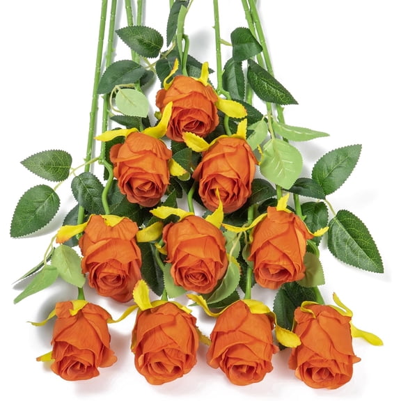 10pcs Artificial Silk Roses Fake Flowers Bouquet Long Stems for Wedding Home Party Decoration(Yellow)