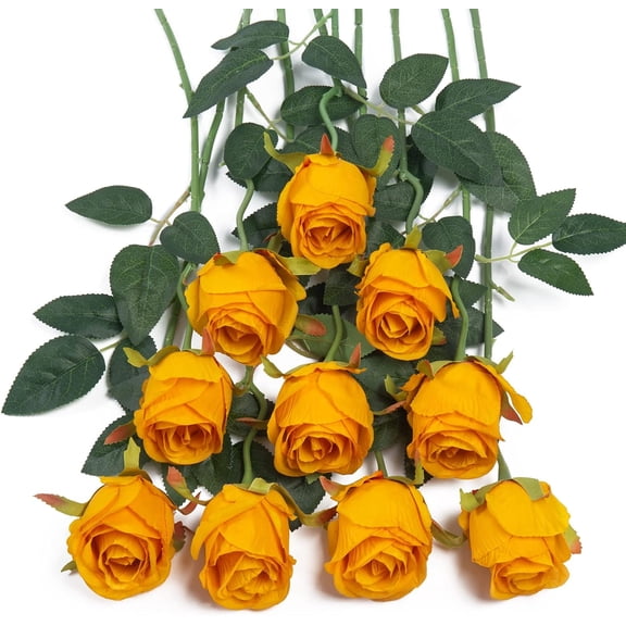 10pcs Artificial Silk Roses Fake Flowers Bouquet Long Stems for Wedding Home Party Decoration(Yellow)