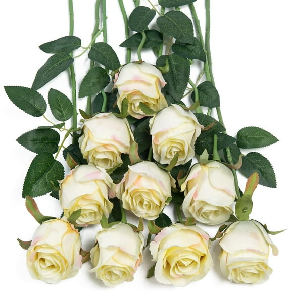 10pcs Artificial Silk Roses Fake Flowers Bouquet Long Stems for Wedding Home Party Decoration(Yellow)